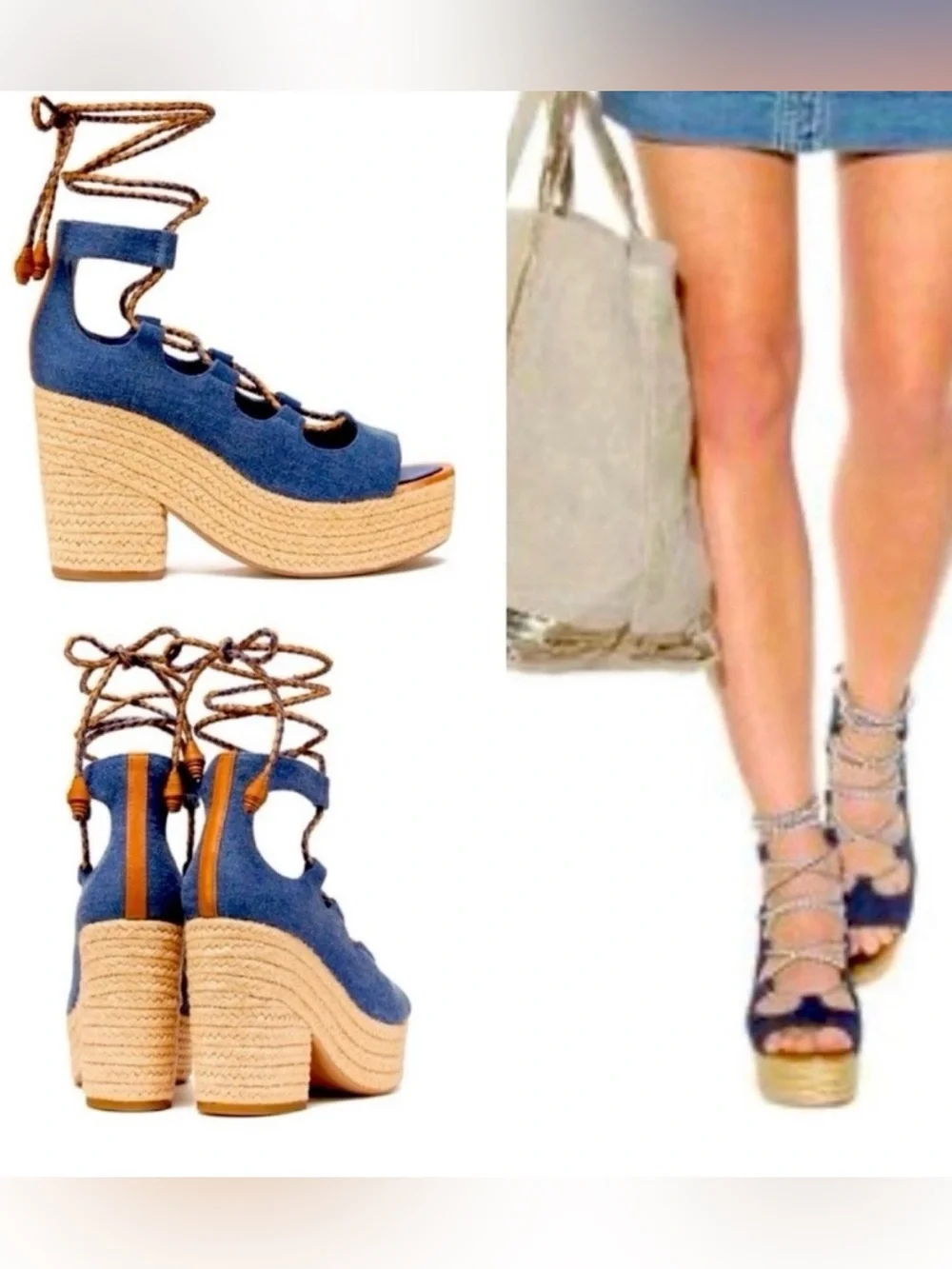 Tory Burch Positano lace-up platform espadrille in denim blue with leather laces